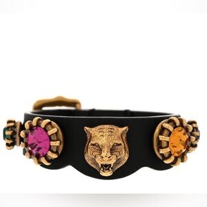 Gucci Calfskin Crystal Feline Heads Bracelet Black